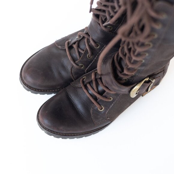 TIMBERLAND Dark Brown Leather Buckle Lace Up Boots Women's Size 6.5 - Picture 2 of 3